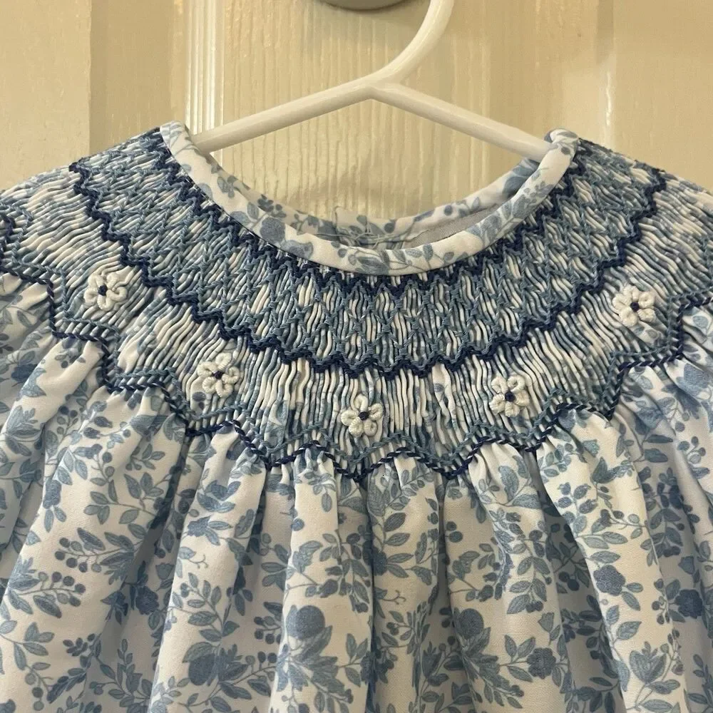 Sweet Dreams Blue Floral Birds Smocked Bubble Romper Girls Size 12 Months